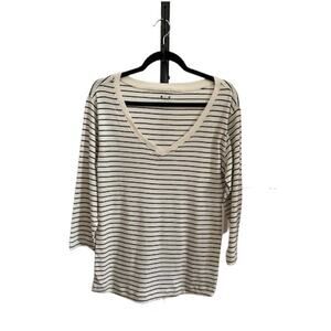 Three Dots-V-Neck-3/4 Sleeve-Striped- 100% Cotton Shirt-Top-Ivory-Black-Women XL